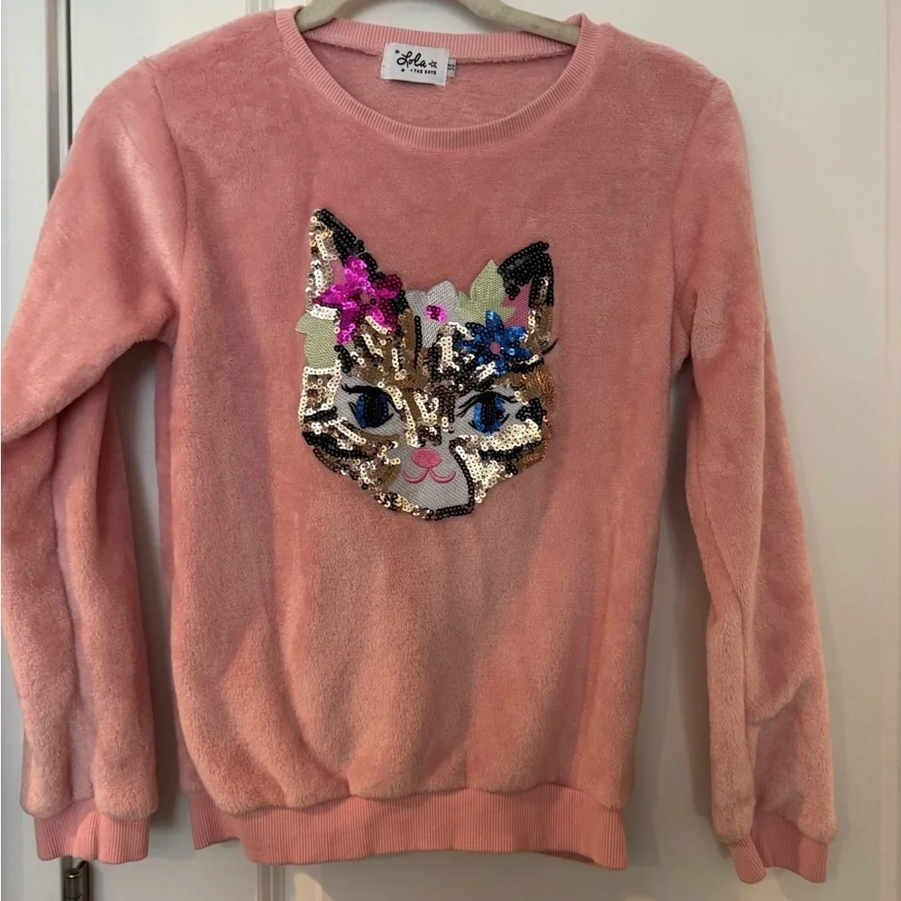 Lola + The Boys Soft Pink Velour Kitty Pullover